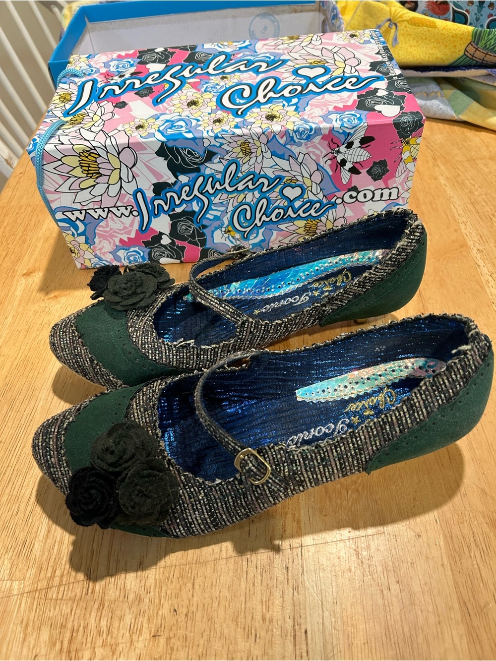 Irregular Choice Green and Black Tweed Mary Jane Flats with Rosettes